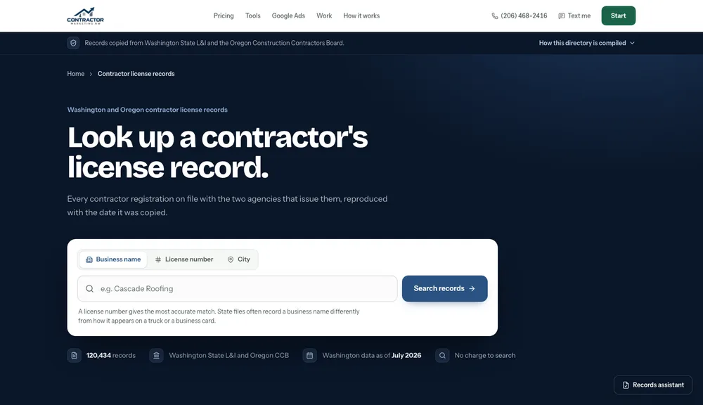 The license lookup at llcsearchwa.com